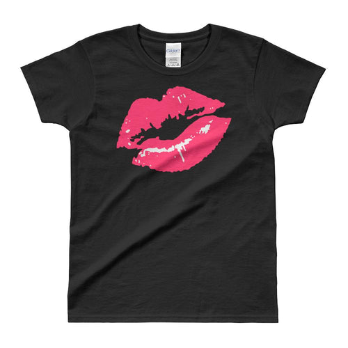 Lips Kiss T-Shirt, Lipstick Kiss Print T Shirt Black Tee Shirt for Women - Dafakar