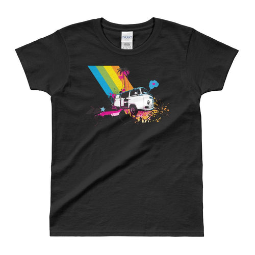 Rainbow Wagon T Shirt Black Urban Style Rainbow Mini Bus T Shirt for Women - Dafakar