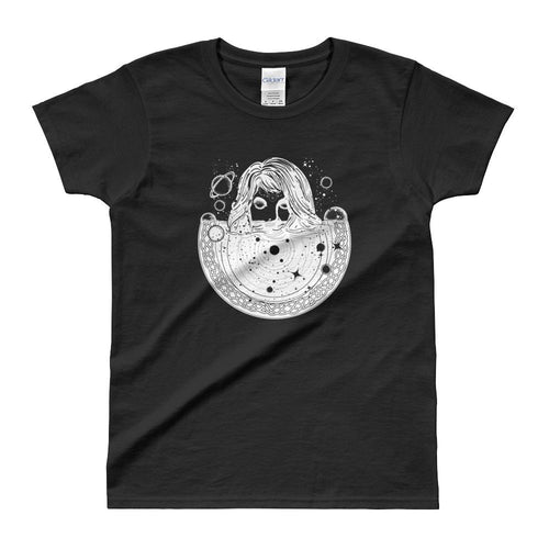 Woman In Space Tattoo Art T Shirt Surreal Girl Sinks In Universe T Shirt Black - Dafakar