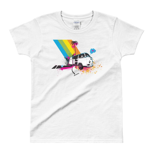 Rainbow Wagon T Shirt White Urban Style Rainbow Mini Bus T Shirt for Women - Dafakar