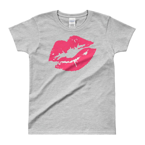 Lips Kiss T-Shirt, Lipstick Kiss Print T Shirt Grey Tee Shirt for Women - Dafakar