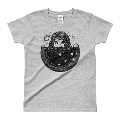 Woman In Space Tattoo Art T Shirt Surreal Girl Sinks In Universe T Shirt Grey - Dafakar