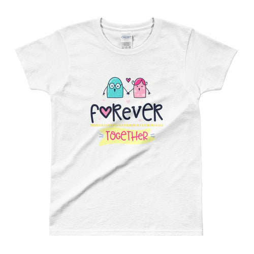 Forever Together Short Sleeve Round Neck White Cotton T-Shirt for Women - Dafakar