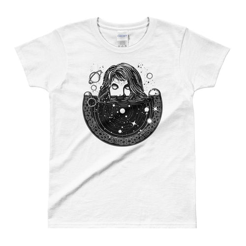 Woman In Space Tattoo Art T Shirt Surreal Girl Sinks In Universe T Shirt White - Dafakar