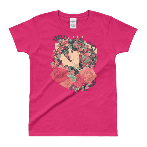 Flower Hair Girl Short Sleeve Pink Cotton T Shirt for Women - Dafakar