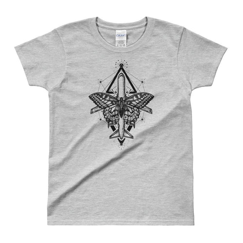 Magic Moth Butterfly And Plane Tattoo Design Grey T Shirt for women - Dafakar