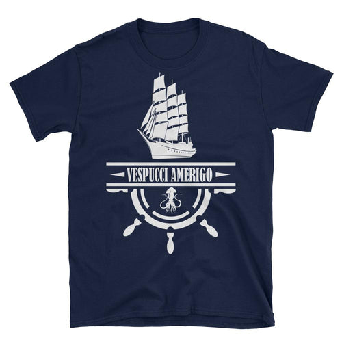 Nautical Ship Printed Short Sleeve Round Neck Navy Blue Cotton T-Shirt for Men - Dafakar
