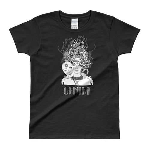 Gemini T Shirt Zodiac Round Neck Black Cotton T-Shirt for Women - Dafakar