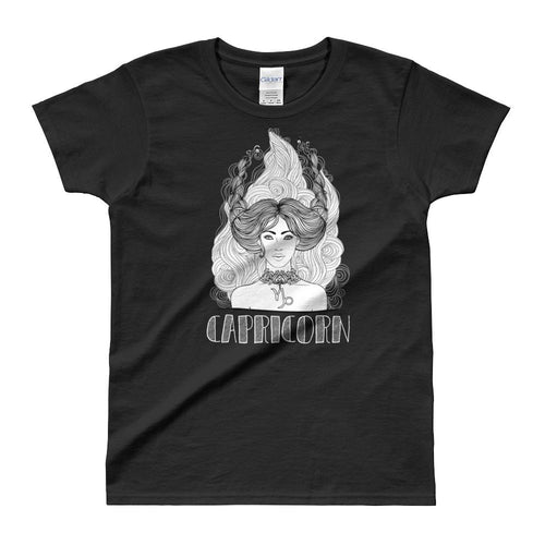 Capricorn T Shirt Zodiac Round Neck Black T-Shirt for Women - Dafakar
