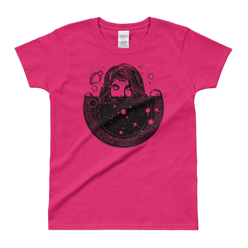 Woman In Space Tattoo Art T Shirt Surreal Girl Sinks In Universe T Shirt Pink - Dafakar