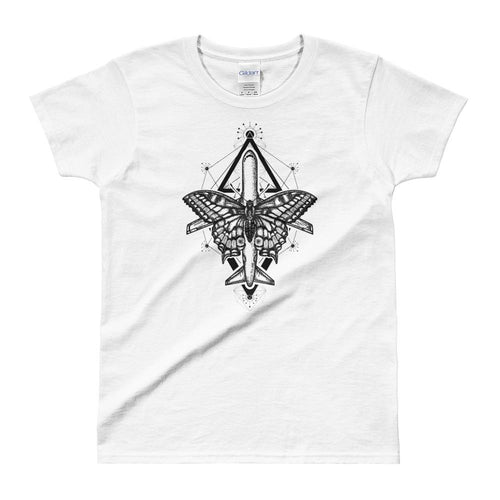 Magic Moth Butterfly And Plane Tattoo Design White T Shirt for women - Dafakar