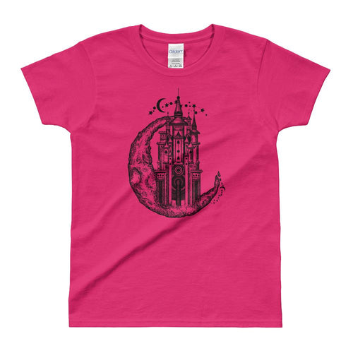 Medieval Castle On Moon Tattoo Design T Shirt Pink for Women - Dafakar